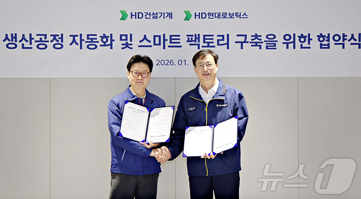 (서울=뉴스1) = HD건설기계와 HD현대로보틱스는 HD현대 글로벌 R&D센터에서 건설기계 생산공정의 자동화 및 스마트 팩토리 구축을 위한 상호협력 양해각서(MOU)를 체결했다고 …
