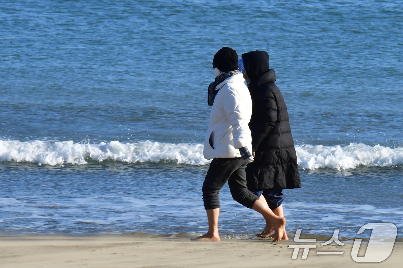 (포항=뉴스1) 최창호 기자 = 13일 오후 경북 포항시 북구 영일대해수욕장 백사장에서 시민들이 영하의 날씨에도 불구하고 맨발걷기를 하고 있다. 2026.1.13/뉴스1