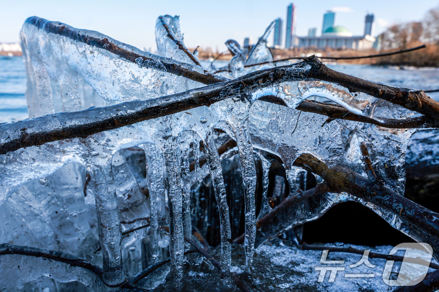 (서울=뉴스1) 이호윤 기자 = 한낮에도 영하권 추위가 이어진 13일 오후 서울 영등포구 여의도 인근 한강에 고드름이 얼어있다. 2026.1.13/뉴스1