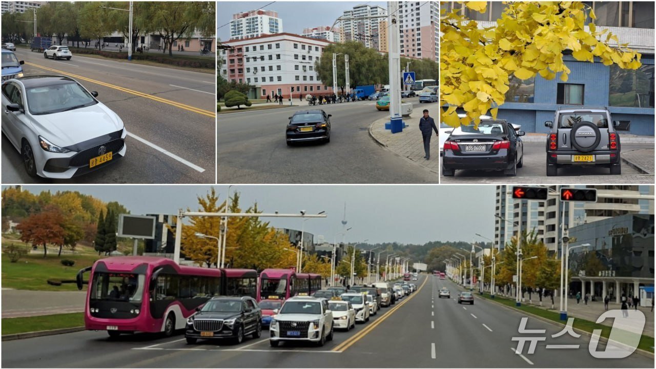 본문 이미지 - 2025년 평양시에서 흔히 볼 수 있게 된 자가용들. 노란색 번호판을 단 승용차가 자가용이다.(평화경제연구소 제공)