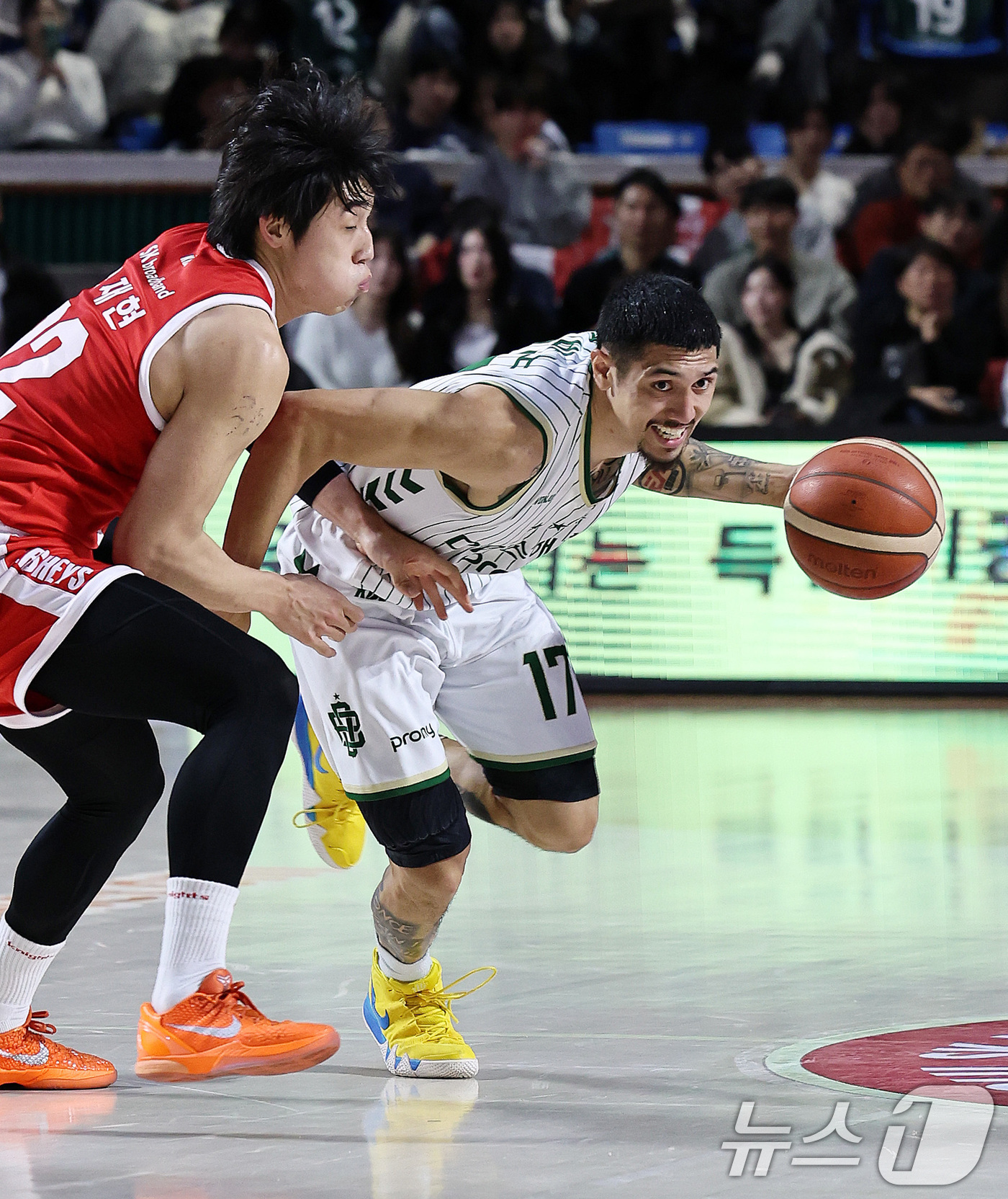 (서울=뉴스1) 구윤성 기자 = 13일 오후 서울 송파구 잠실학생체육관에서 열린 '2025-2026 LG전자 프로농구 정규리그' 서울 SK 나이츠와 원주 DB의 경기에서 DB 이선 …
