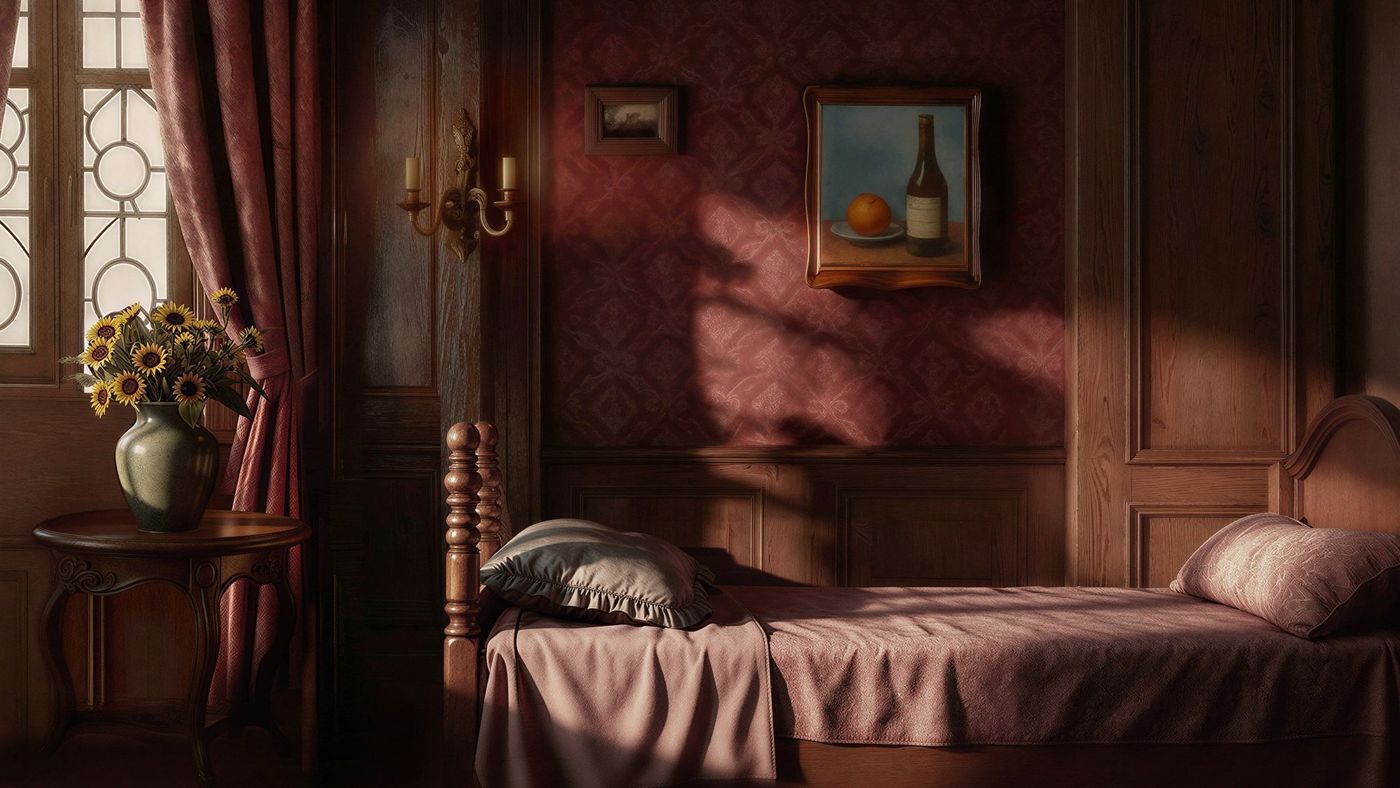 본문 이미지 - 홍애린, <브랫(Brat)>, 2026,75인치모니터, 3D애니메이션(반복재생),프린세스메이커2배경세트디자인,화병,사진:작가제공