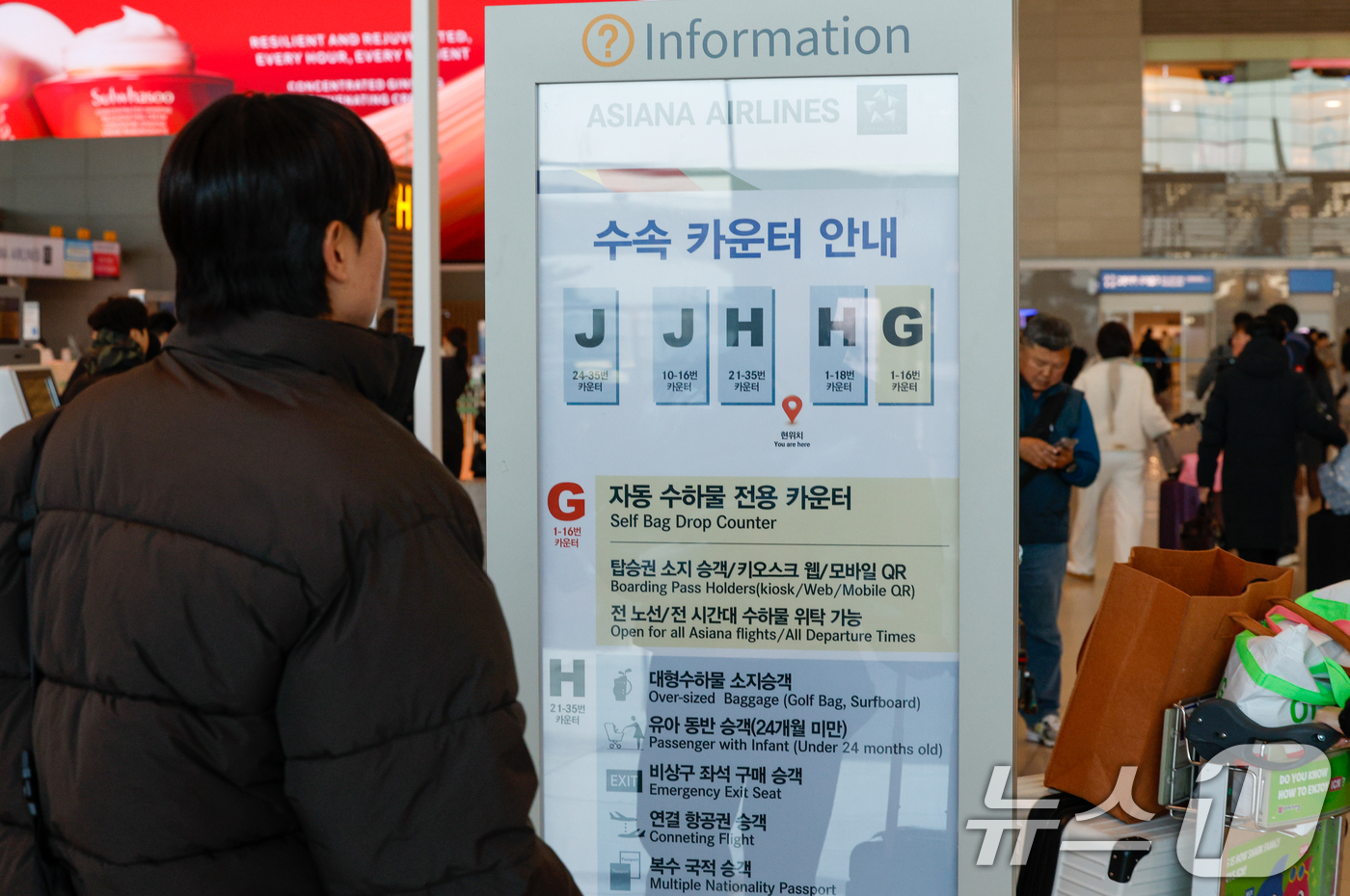 (인천공항=뉴스1) 안은나 기자 = 아시아나항공이 인천국제공항 제2터미널로 이전을 완료한 14일 인천공항 2터미널에 아시아나 수속 카운터 안내문이 걸려있다. 2026.1.14/뉴스 …