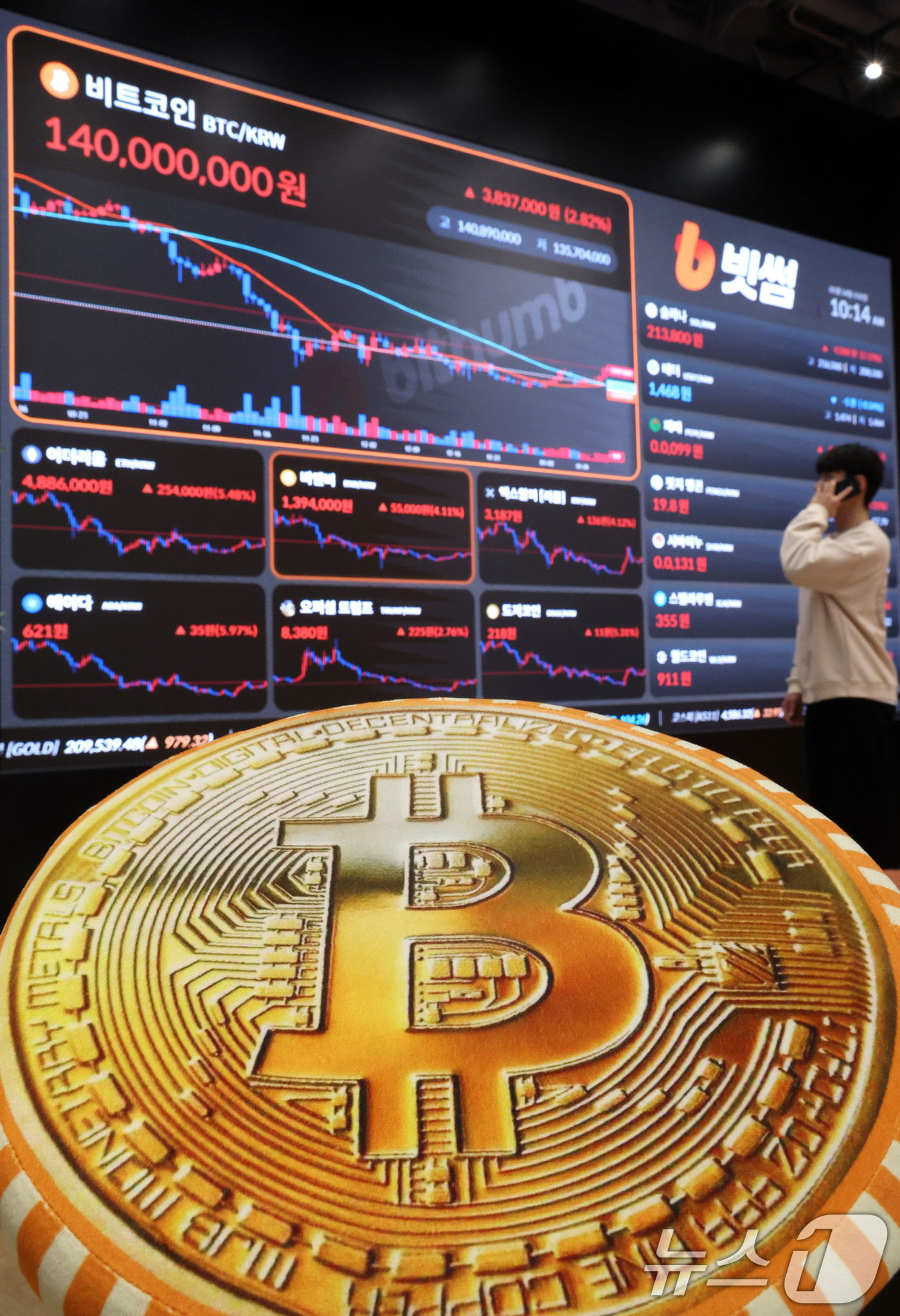 (서울=뉴스1) 이광호 기자 = 비트코인 가격이 9만5000달러선을 회복한 14일 오전 서울 서초구 빗썸라운지 강남본점 전광판에 비트코인 등 가상화폐 거래 가격이 표시되고 있다.글 …