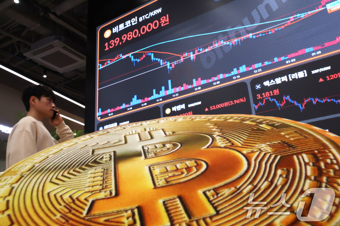 (서울=뉴스1) 이광호 기자 = 비트코인 가격이 9만5000달러선을 회복한 14일 오전 서울 서초구 빗썸라운지 강남본점 전광판에 비트코인 등 가상화폐 거래 가격이 표시되고 있다.글 …