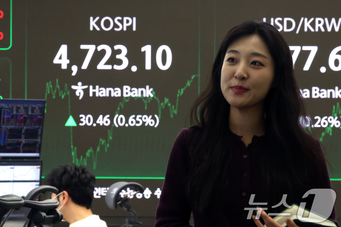 (서울=뉴스1) 이광호 기자 = 코스피 지수가 사상 처음으로 4700선을 돌파한 14일 오후 서울 중구 하나은행 본점 딜링룸 현황판에 전 거래일 대비 30.46포인트(0.65%)상 …