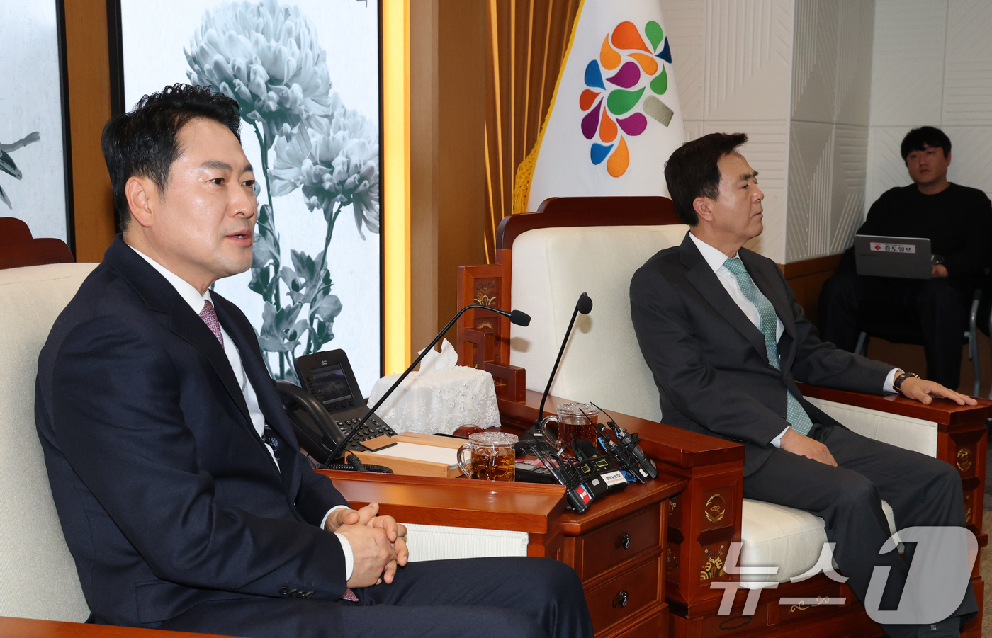 (홍성=뉴스1) 김기태 기자 = 장동혁 국민의힘 대표가 14일 오후 충남도청에서 김태흠 충남지사와 대전충남 행정통합 관련 정책협의에서 발언하고 있다. 2026.1.14/뉴스1