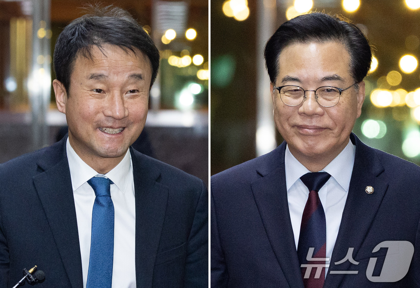 (서울=뉴스1) 유승관 기자 = 더불어민주당 한병도(왼쪽), 국민의힘 송언석 원내대표가 15일 서울 여의도 국회에서 열린 우원식 국회의장 주재 여야 원내대표 회동을 위해 각각 의장 …