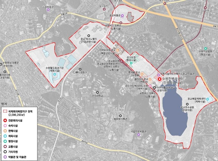 본문 이미지 - 수원 국제회의복합지구 지정 현황. 붉은 테두리가 '국제회의복합지구 권역'.(문체부 제공)
