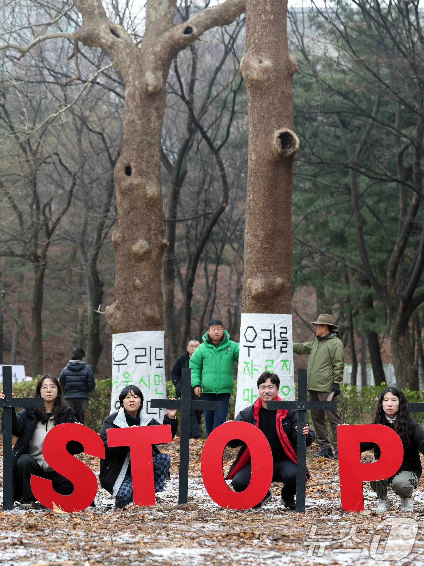 (서울=뉴스1) 황기선 기자 = 환경보건시민센터 회원들이 15일 오전 서울 종로구 경희궁에서 서울시의 경희궁 벌목 규탄 및 추가 벌목 중단을 촉구하는 퍼포먼스를 하고 있다. 202 …