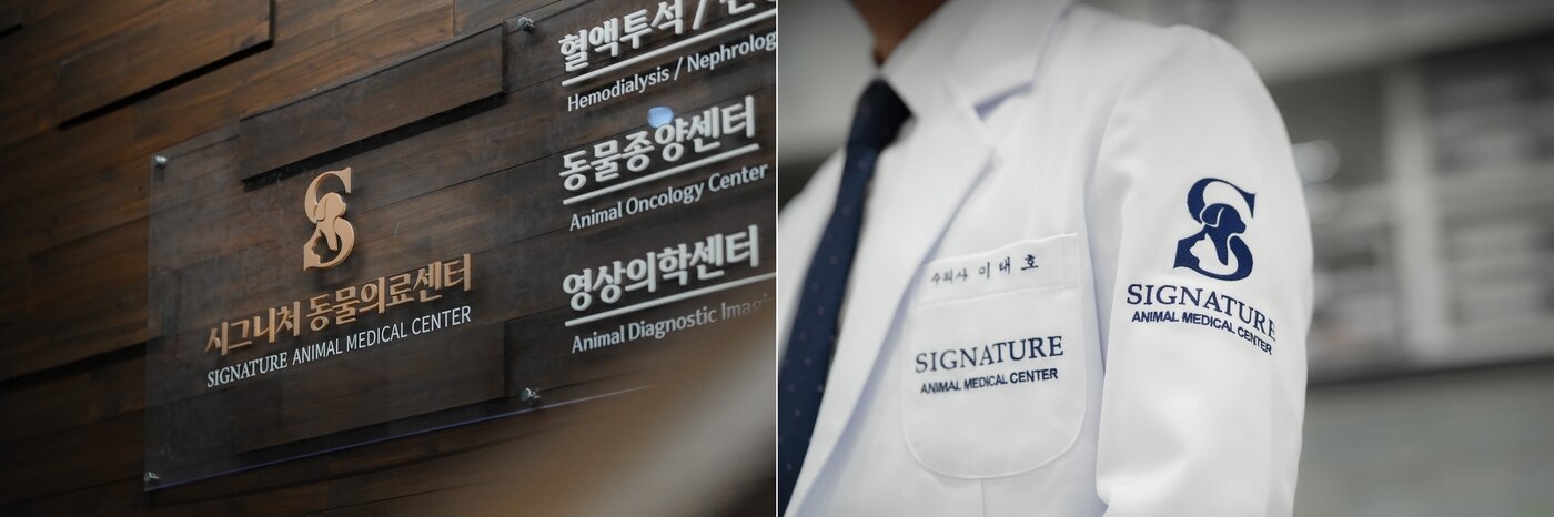 본문 이미지 - 시그니처동물의료센터 간판과 새 의료진 가운(벳아너스 제공) ⓒ 뉴스1