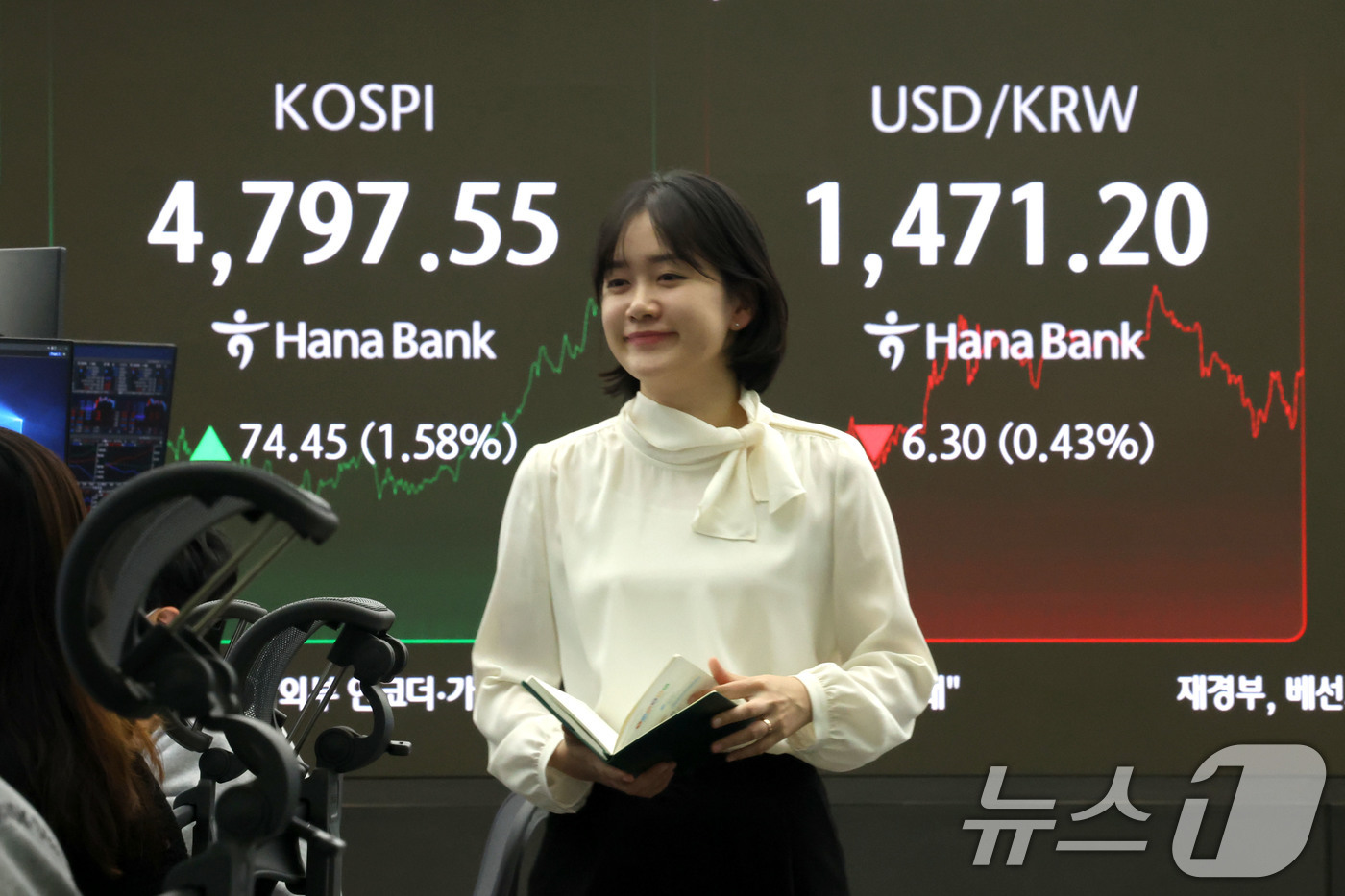 (서울=뉴스1) 이광호 기자 = 코스피가 10거래일 연속 상승하며 또다시 사상 최고치로 마감한 15일 오후 서울 중구 하나은행 딜룽룸 현황판에 전 거래일 대비 74.45포인트(1. …