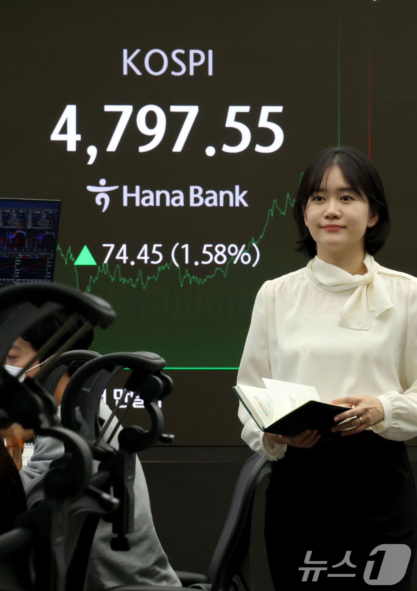 (서울=뉴스1) 이광호 기자 = 코스피가 10거래일 연속 상승하며 또다시 사상 최고치로 마감한 15일 오후 서울 중구 하나은행 딜룽룸 현황판에 전 거래일 대비 74.45포인트(1. …