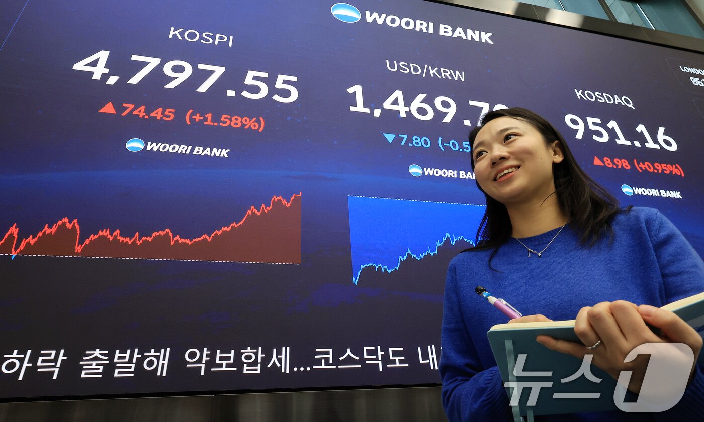 본문 이미지 - 코스피가 연일 사상 최고치를 경신한 15일 서울 중구 우리은행 본점 딜링룸 현황판에 종가가 표시되고 있다. 2026.1.15/뉴스1 ⓒ News1 이호윤 기자