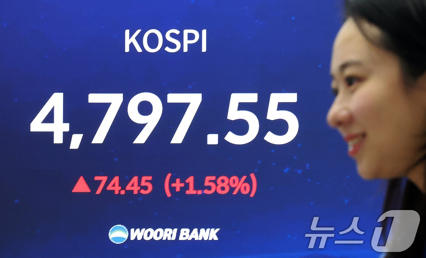본문 이미지 - 코스피가 연일 사상 최고치를 경신한 15일 서울 중구 우리은행 본점 딜링룸 현황판에 종가가 표시되고 있다. 이날 코스피는 전 거래일 대비 74.45포인트(1.58%)상승한 4,797.55로 장을 마쳤다. 2026.1.15/뉴스1 ⓒ News1 이호윤 기자