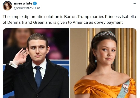 "트럼프 막내 子· 덴마크 공주 결혼 시키자"…그린란드 신박한 해법