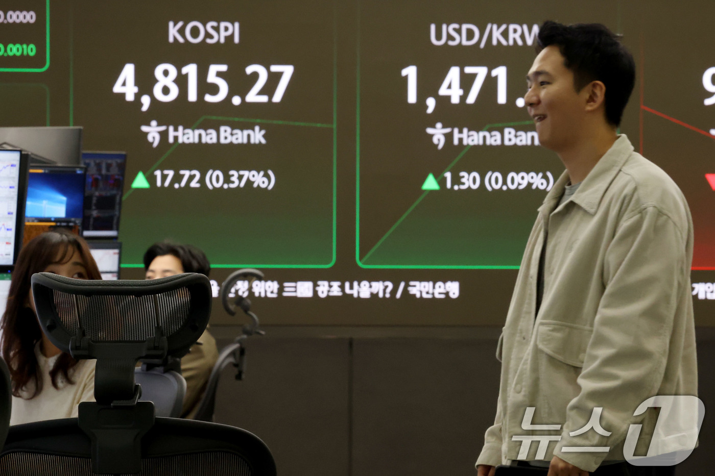 (서울=뉴스1) 이광호 기자 = 코스피가 장 시작과 함께 사상 처음으로 4800선을 넘어선 16일 오전 서울 중구 하나은행 딜링룸 현황판에 전장 대비  17.72포인트(0.37%) …