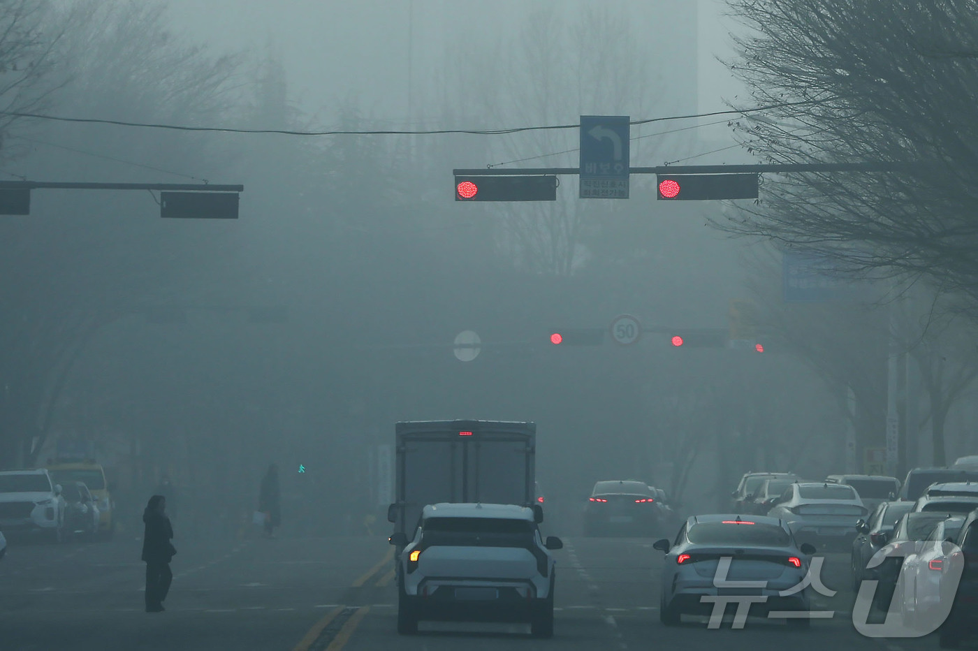(광주=뉴스1) 이승현 기자 = 짙은 안개가 낀 16일 오전 광주 서구 무진대로 일대에서 차량들이 신호를 기다리고 있다. 2026.1.16/뉴스1