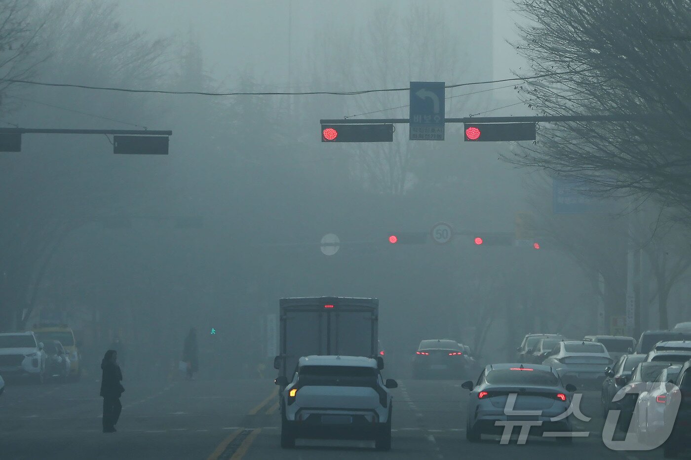 본문 이미지 - 짙은 안개가 낀 16일 오전 광주 서구 무진대로 일대에서 차량들이 신호를 기다리고 있다. 2026.1.16/뉴스1 ⓒ News1 이승현 기자