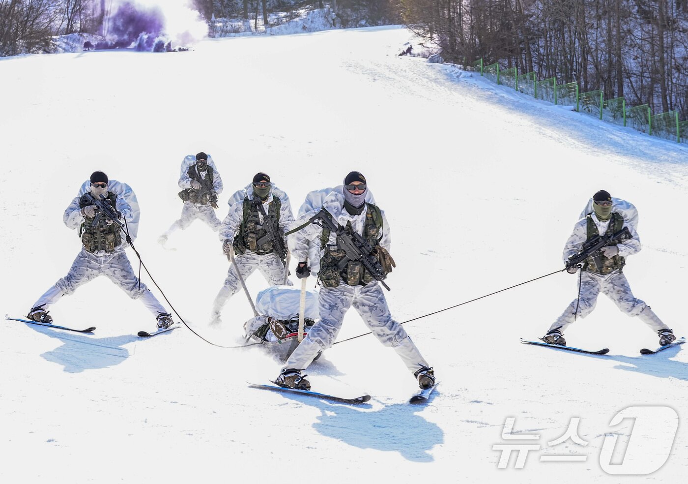 본문 이미지 - 해병대 특수수색여단은 지난 2일부터 2월 26일까지 강원 평창군 황병산 일대에서 2026년 동계 설한지 훈련’을 진행한다고 16일 밝혔다. 사진은 지난 14일 해병대 특수수색여단 장병들이 설상 기동 간 환자 이송 훈련을 실시하고 있는 모습. (해병대 제공. 재판매 및 DB 금지) 2026.1.16/뉴스1