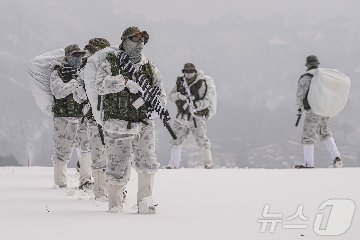 본문 이미지 - 해병대 특수수색여단은 지난 2일부터 2월 26일까지 강원 평창군 황병산 일대에서 2026년 동계 설한지 훈련’을 진행한다고 16일 밝혔다. 사진은 지난 15일 해병대 특수수색여단 장병들이 팀 단위 대형을 유지한 채 설상 기동 및 은밀 침투 훈련을 실시하고 있는 모습. (해병대 제공. 재판매 및 DB 금지) 2026.1.16/뉴스1