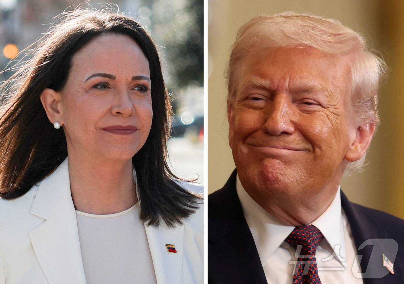 (워싱턴 로이터=뉴스1) 김경민 기자 = 도널드 트럼프 미국 대통령과의 회담을 위해 15일(현지시간) 워싱턴DC 백악관에 도착한 베네수엘라 야당 지도자 마리아 코리나 마차도(왼쪽) …