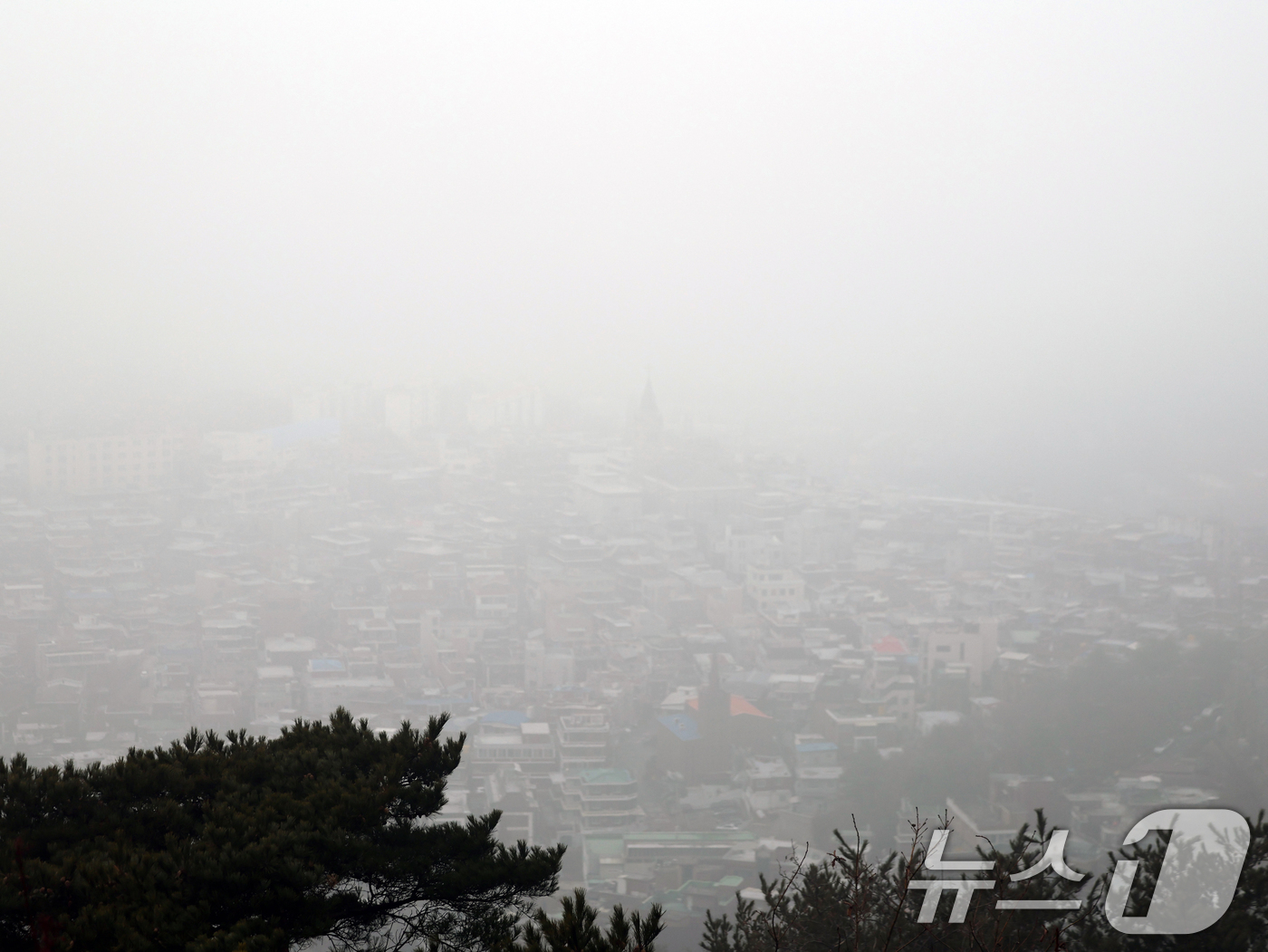 (서울=뉴스1) 황기선 기자 = 16일 오전 서울 남산에서 바라본 서울 도심이 초미세먼지와 짙은 안개로 뿌옇게 보이고 있다.서울시는 이날 오전 11시 기준 초미세먼지 주의보를 발령 …