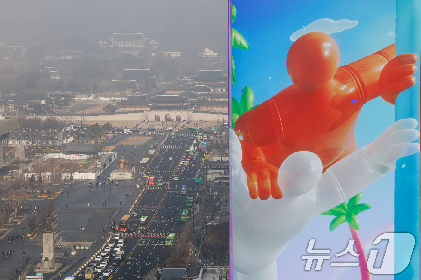 (서울=뉴스1) 안은나 기자 = 올해 들어 처음으로 서울에 미세먼지 주의보가 발령된 16일 서울 종로구 광화문광장, 경복궁, 청와대 일대가 뿌연 가운데 광고판의 하늘색 배경과 대조 …