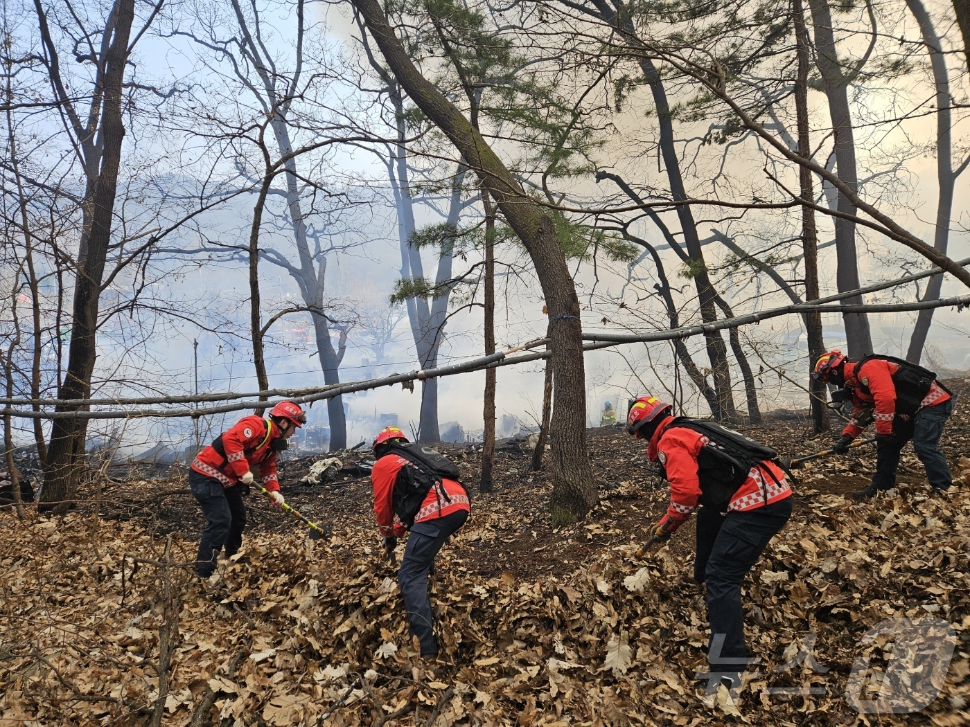 (대전=뉴스1) 박찬수 기자 = 산림청 산불특수진화대가 16일 오전8시 54분 서울특별시 강남구 구룡마을에서 발생한 주택 화재가 산림으로 확산되지 않도록 방화선을 구축하고 있다.( …