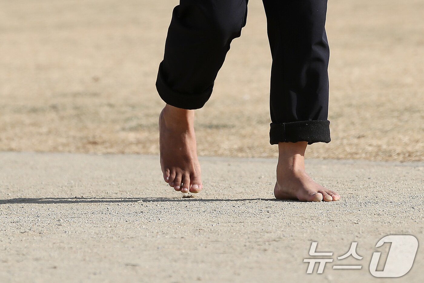 본문 이미지 - 겨울답지 않게 포근한 날씨가 이어진 16일 대구 달서구 두류공원 2.28자유광장에서 한 시민이 맨발로 걷고 있다. 2026.1.16/뉴스1 ⓒ News1 공정식 기자