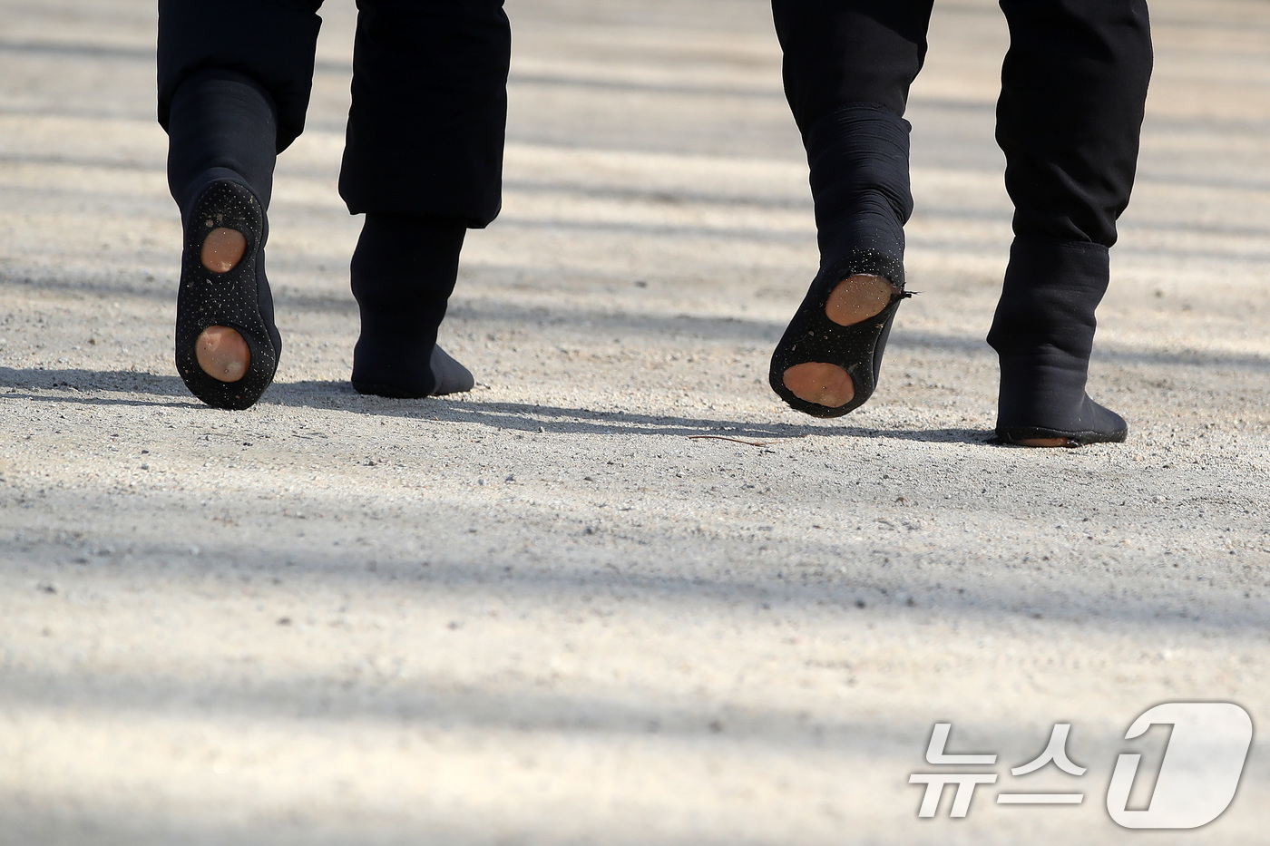 (대구=뉴스1) 공정식 기자 = 겨울답지 않게 포근한 날씨가 이어진 16일 대구 달서구 두류공원에서 맨발양말을 신은 시민들이 2.28자유광장을 걷고 있다.발바닥 앞뒤에 구멍이 뚫린 …