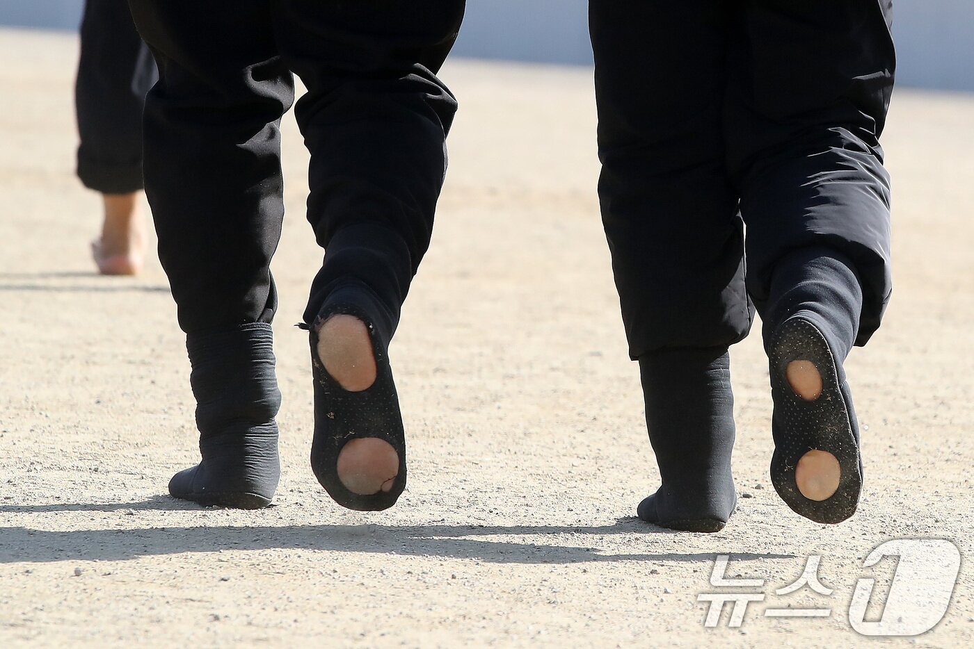 본문 이미지 - 겨울답지 않게 포근한 날씨가 이어진 16일 대구 달서구 두류공원에서 맨발양말을 신은 시민들이 2.28자유광장을 걷고 있다. 발바닥 앞뒤에 구멍이 뚫린 덧신 형태의 맨발양말은 지압 효과는 유지하면서 발목과 발등을 덮어 보온과 발 보호 효과가 있어 겨울철 맨발걷기를 즐기는 시민들 사이에 인기를 얻고 있다. 2026.1.16/뉴스1 ⓒ News1 공정식 기자