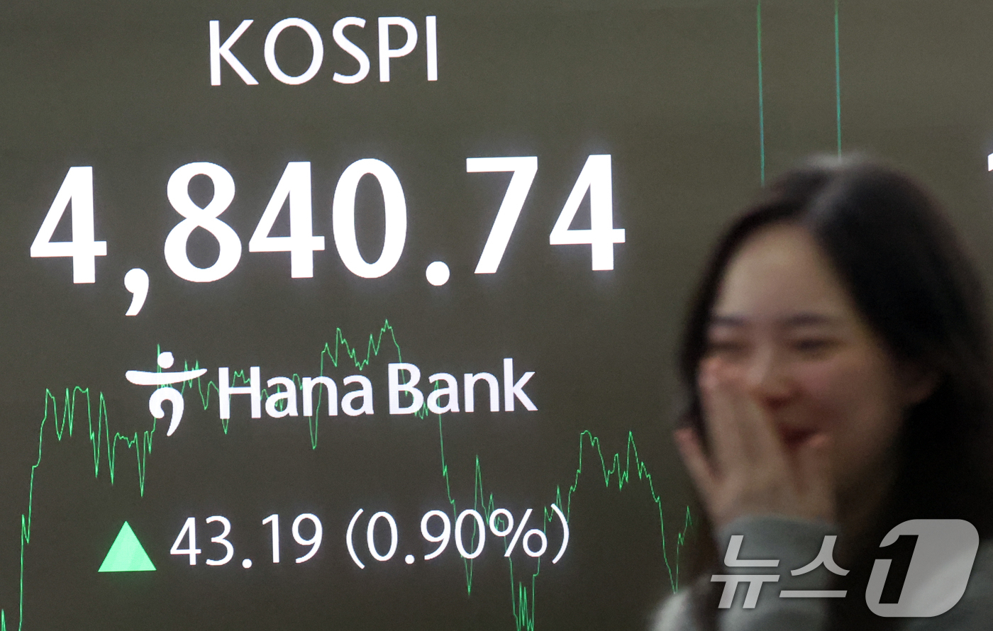 (서울=뉴스1) 김명섭 기자 = 코스피 종가가 사상최고치를 기록한 16일 오후 서울 중구 하나은행 본점 딜링룸 전광판에 증시 종가 시황이 나타나고 있다. 이날 코스피 지수는 전거래 …