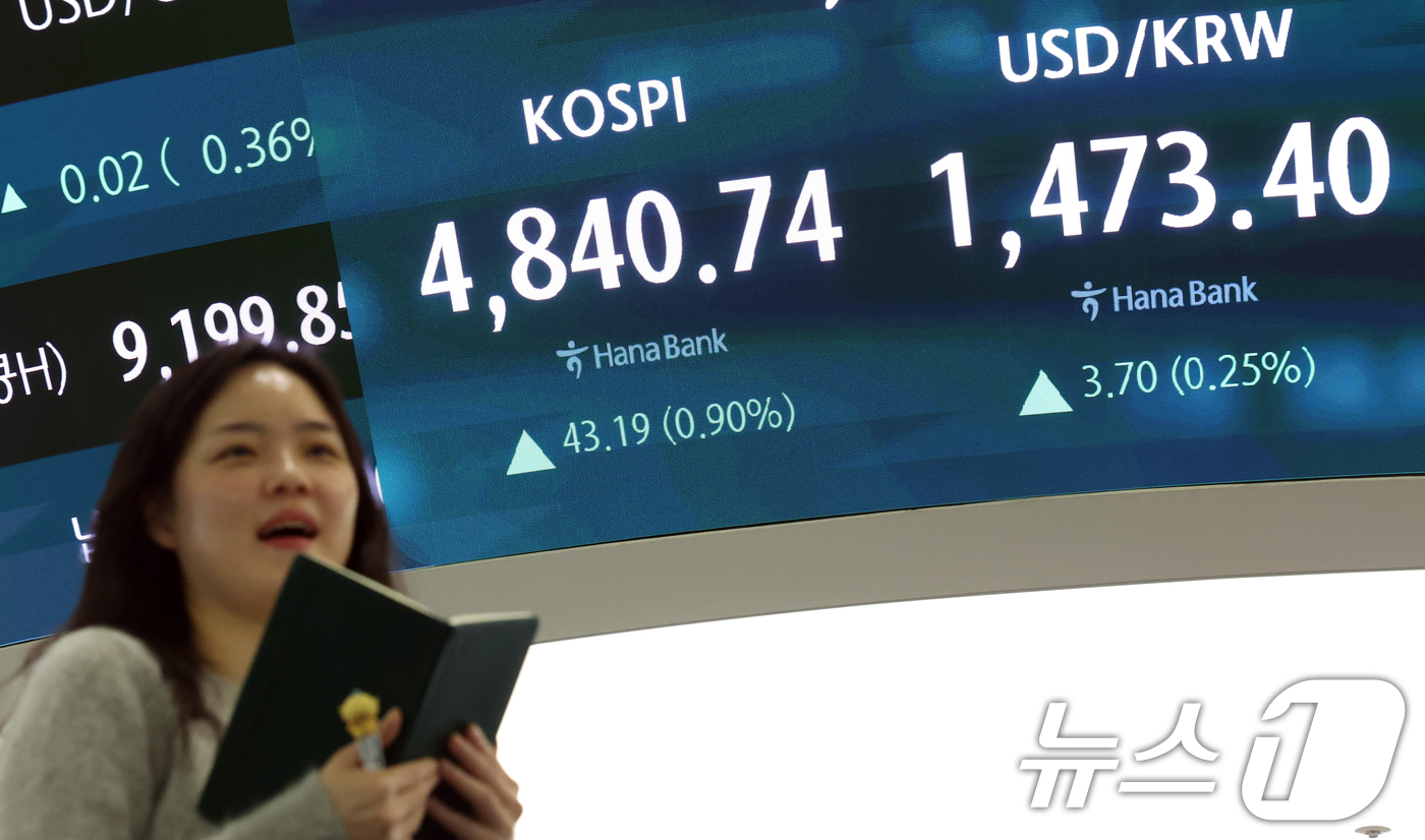 (서울=뉴스1) 김명섭 기자 = 코스피 종가가 사상최고치를 기록한 16일 오후 서울 중구 하나은행 본점 딜링룸 전광판에 증시 종가 시황이 나타나고 있다. 이날 코스피 지수는 전거래 …