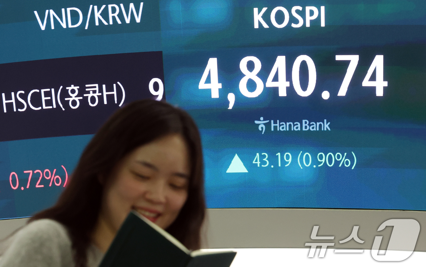 (서울=뉴스1) 김명섭 기자 = 코스피 종가가 사상최고치를 기록한 16일 오후 서울 중구 하나은행 본점 딜링룸 전광판에 증시 종가 시황이 나타나고 있다. 이날 코스피 지수는 전거래 …