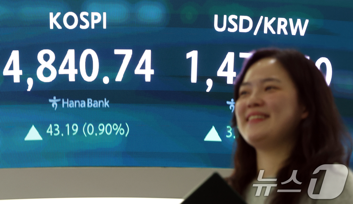 (서울=뉴스1) 김명섭 기자 = 코스피 종가가 사상최고치를 기록한 16일 오후 서울 중구 하나은행 본점 딜링룸 전광판에 증시 종가 시황이 나타나고 있다. 이날 코스피 지수는 전거래 …