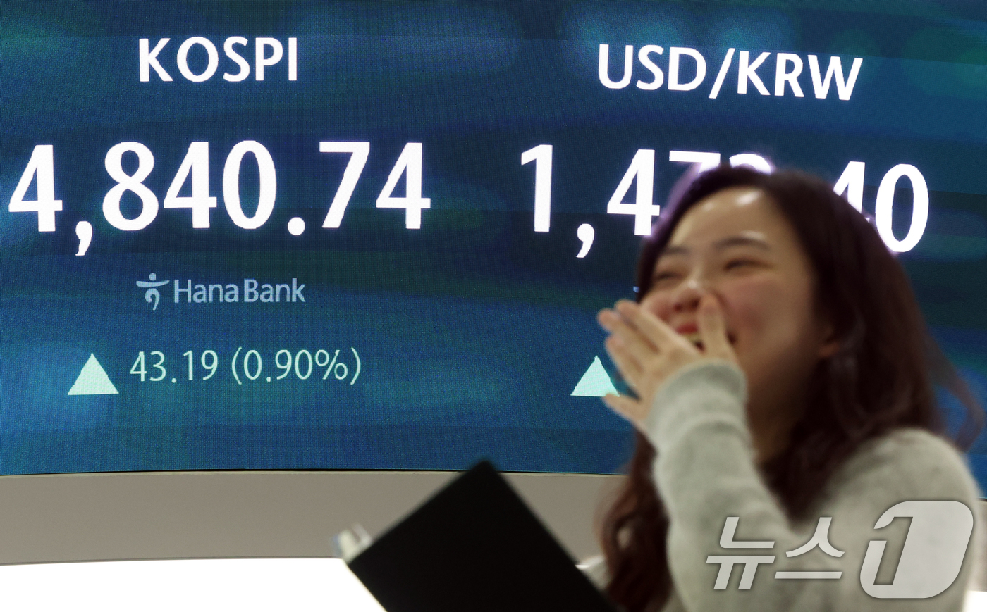 (서울=뉴스1) 김명섭 기자 = 코스피 종가가 사상최고치를 기록한 16일 오후 서울 중구 하나은행 본점 딜링룸 전광판에 증시 종가 시황이 나타나고 있다. 이날 코스피 지수는 전거래 …