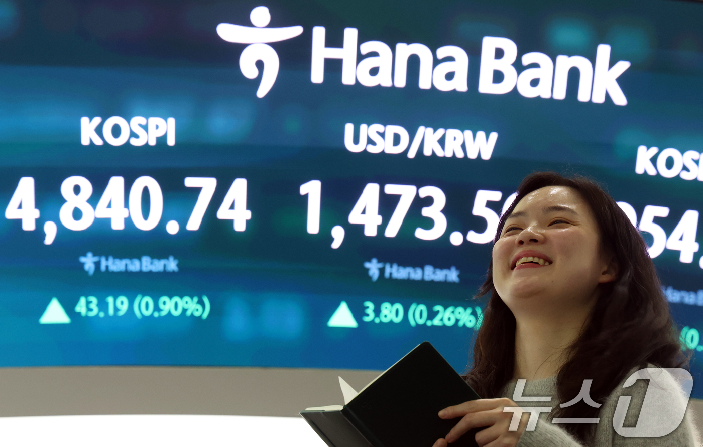 (서울=뉴스1) 김명섭 기자 = 코스피 종가가 사상최고치를 기록한 16일 오후 서울 중구 하나은행 본점 딜링룸 전광판에 증시 종가 시황이 나타나고 있다. 이날 코스피 지수는 전거래 …