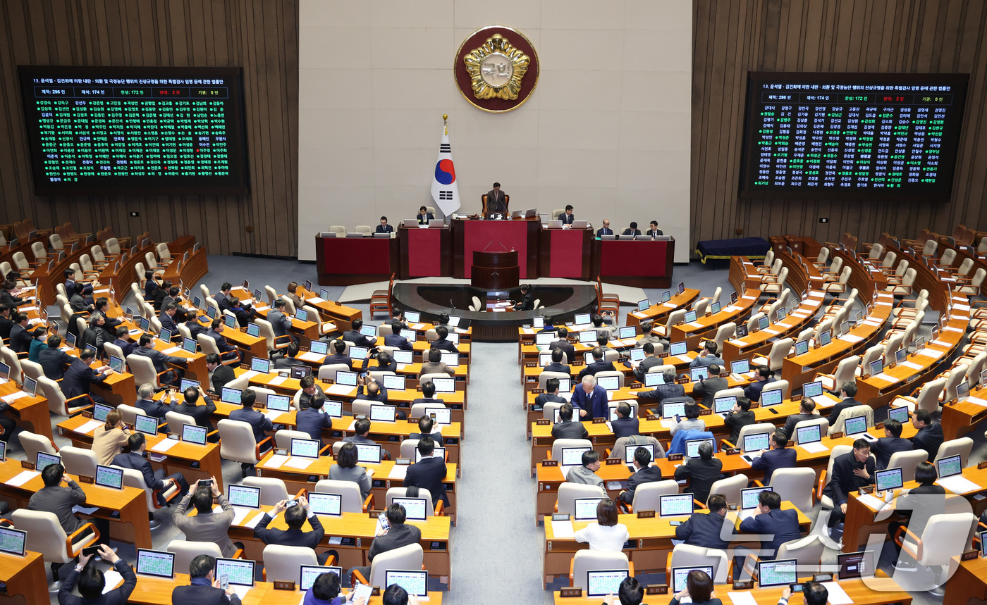 (서울=뉴스1) 신웅수 기자 = 16일 서울 여의도 국회에서 열린 제431회 국회(임시회) 제1차 본회의에서 윤석열·김건희에 의한 내란·외환 및 국정농단 행위의 진상규명을 위한 특 …