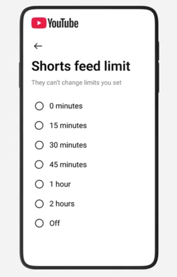 본문 이미지 - 유튜브의 아동과 청소년을 위한 보호 기능. '제로'부터 15분 단위로 부모가 자녀의 쇼츠 시청 시간을 설정할 수 있다. (유튜브 공지사항 갈무리)