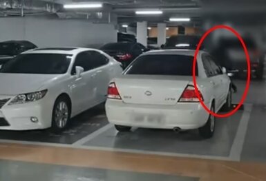 본문 이미지 - 한 남성이 아파트 지하주차장에서 테니스 연습을 하고 있다. 출처=보배드림