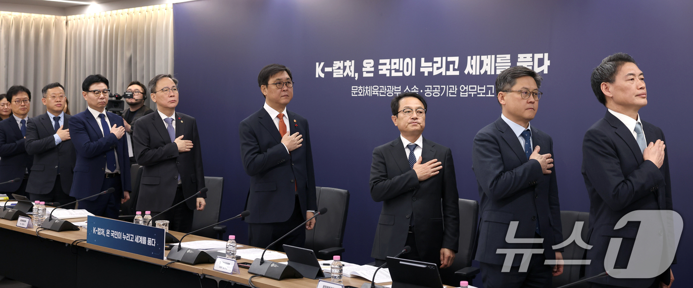 (서울=뉴스1) 김명섭 기자 = 최휘영 문화체육관광부 장관이 16일 서울 종로구 국립현대미술관 서울관 대회의실에서 열린 문체부 소속·공공기관 3차 업무보고에서 국기에 대한 경례를 …