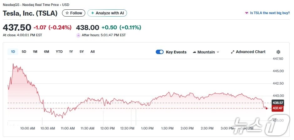 본문 이미지 - 테슬라 일일 주가추이 - 야후 파이낸스 갈무리