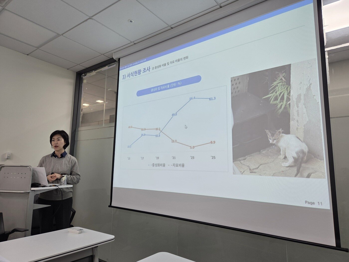 본문 이미지 - 조윤주 소장이 중성화 및 자묘 비율의 변화에 대해 소개하고 있다. ⓒ 뉴스1 한송아 기자