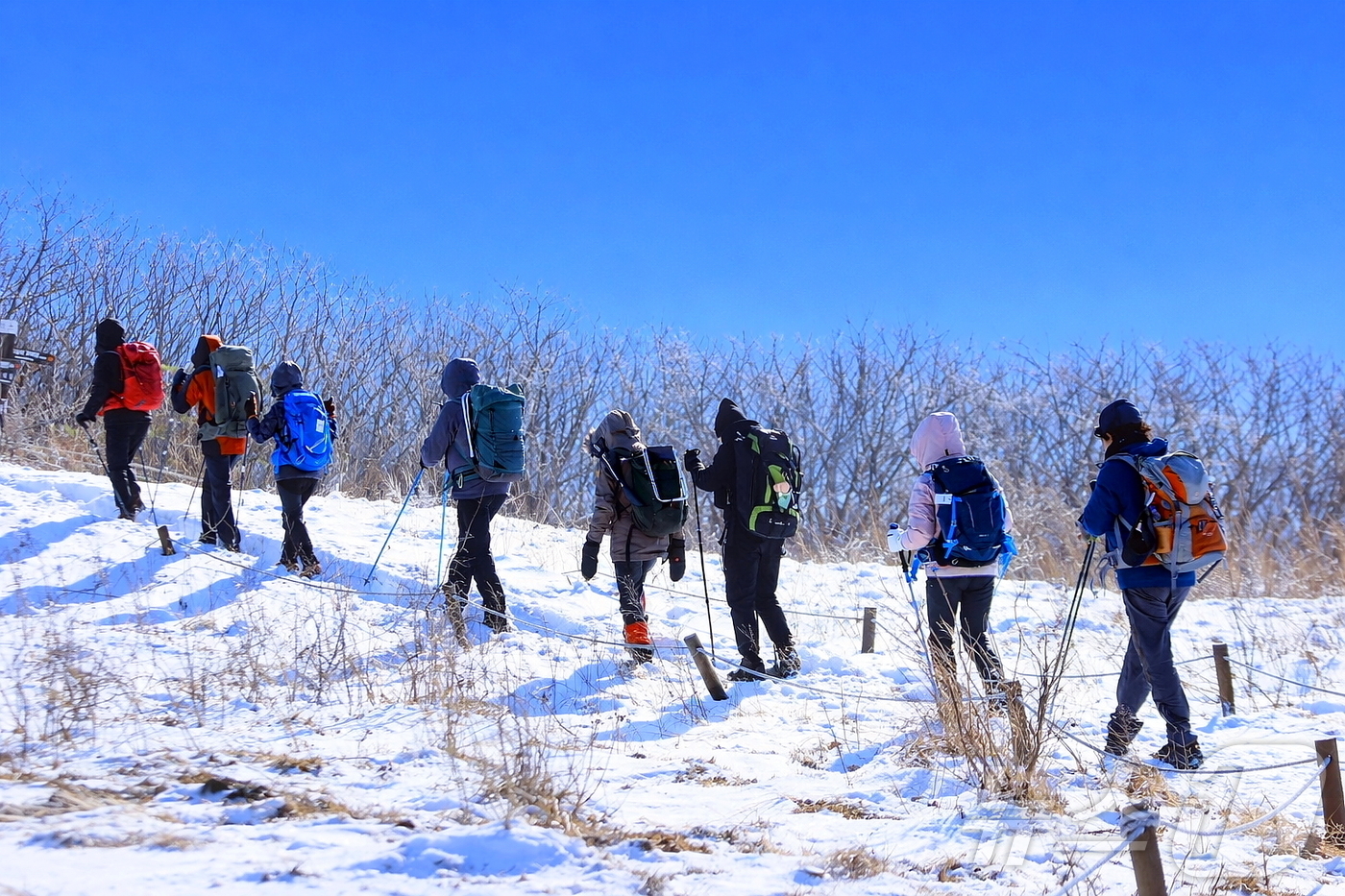 (인제=뉴스1) 한귀섭 기자 = 지난 17일 인제군 기린면에 위치한 곰배령이 지난밤 내린 눈으로 순백의 설경이 펼쳐진 가운데 탐방객들이 트레킹을 즐기고 있다. 천상의 화원 이라고도 …