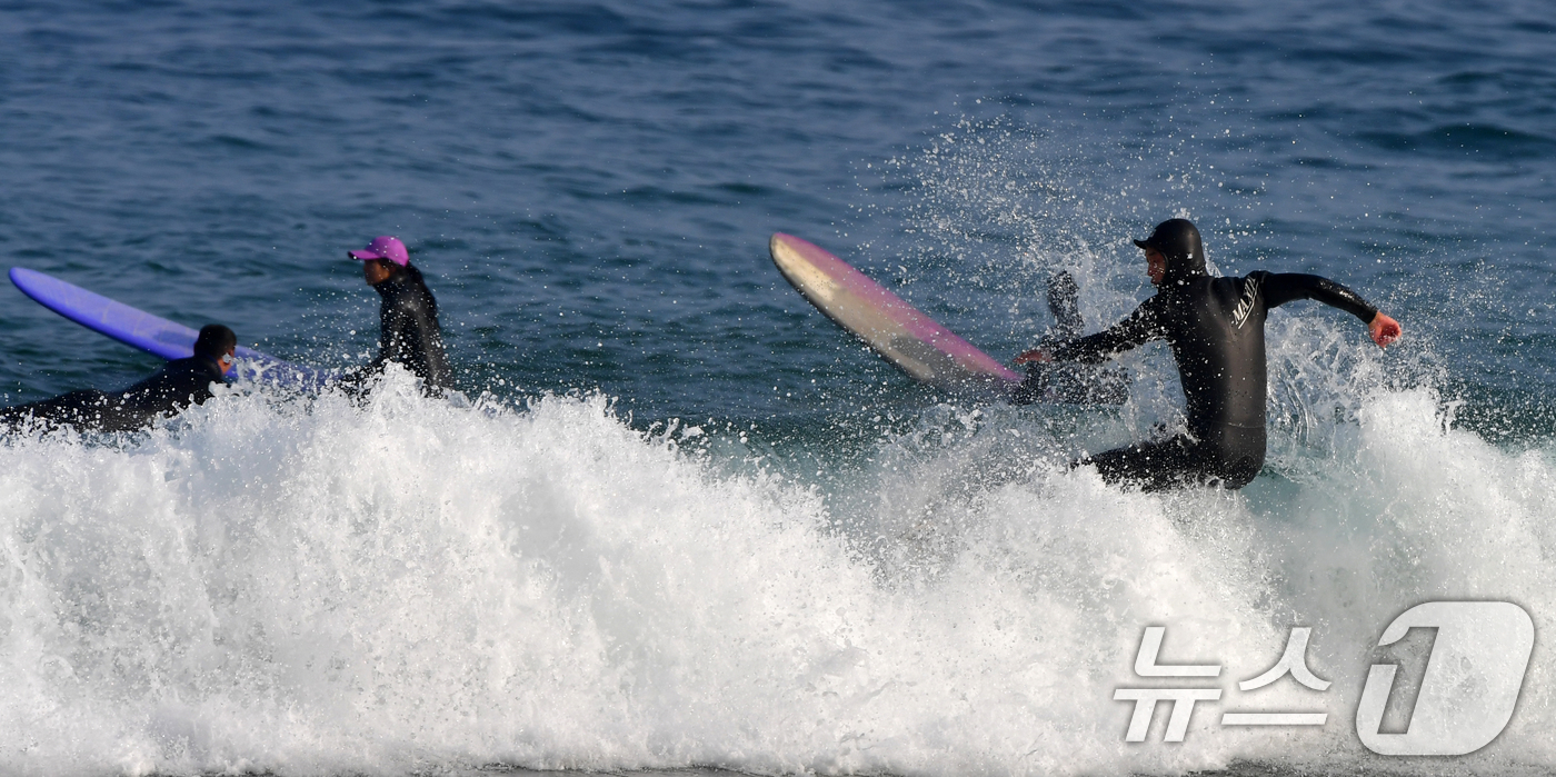 (포항=뉴스1) 최창호 기자 = 18일 경북 포항시 북구 흥해읍 용한리 해수욕장에서 서퍼들이 겨울 파도를 타고 있다. 2026.1.18/뉴스1