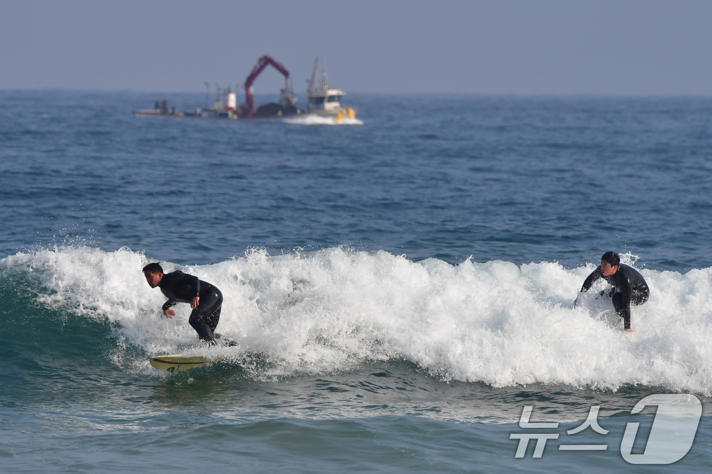 (포항=뉴스1) 최창호 기자 = 18일 경북 포항시 북구 흥해읍 용한리 해수욕장에서 서퍼들이 겨울 파도를 타고 있다. 2026.1.18/뉴스1