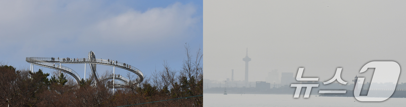 (포항=뉴스1) 최창호 기자 = 18일 경북 포항시의 초미세먼지농도가 37㎍/m³로 나쁨 수준을 기록한 가운데 남구 철강공단(왼쬭)과 북구 환여동 스페이스 워크 하늘이 대조를 이루 …