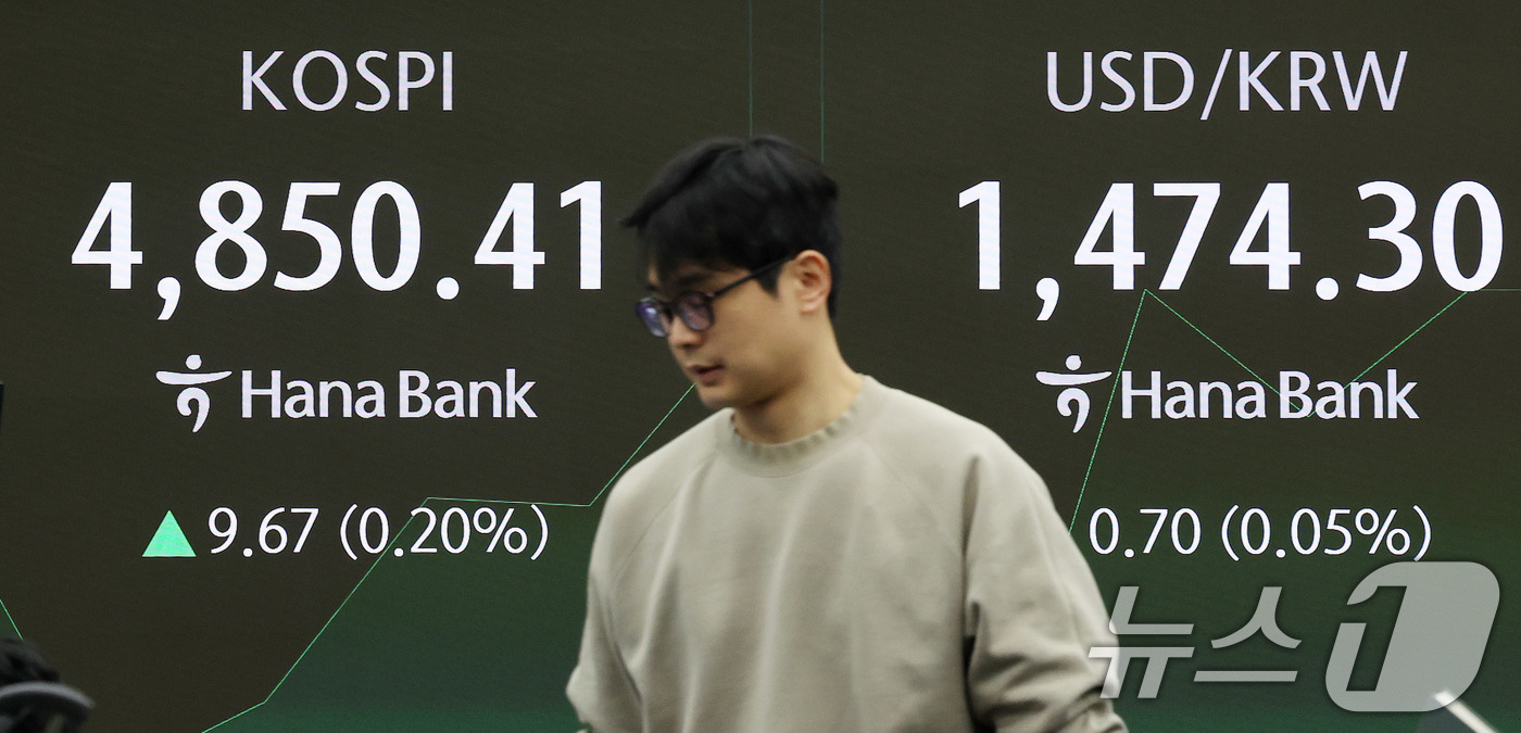(서울=뉴스1) 박지혜 기자 = 하락 출발했던 코스피가 장 초반 상승 전환한 19일 서울 중구 하나은행 본점 딜링룸 전광판에 코스피 지수가 나타나고 있다. 2026.1.19/뉴스1 …