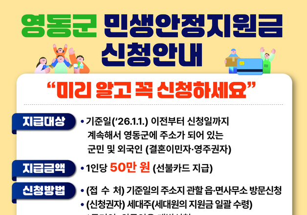 영동군, 26일부터 민생안정지원금 1인당 50만원 지급